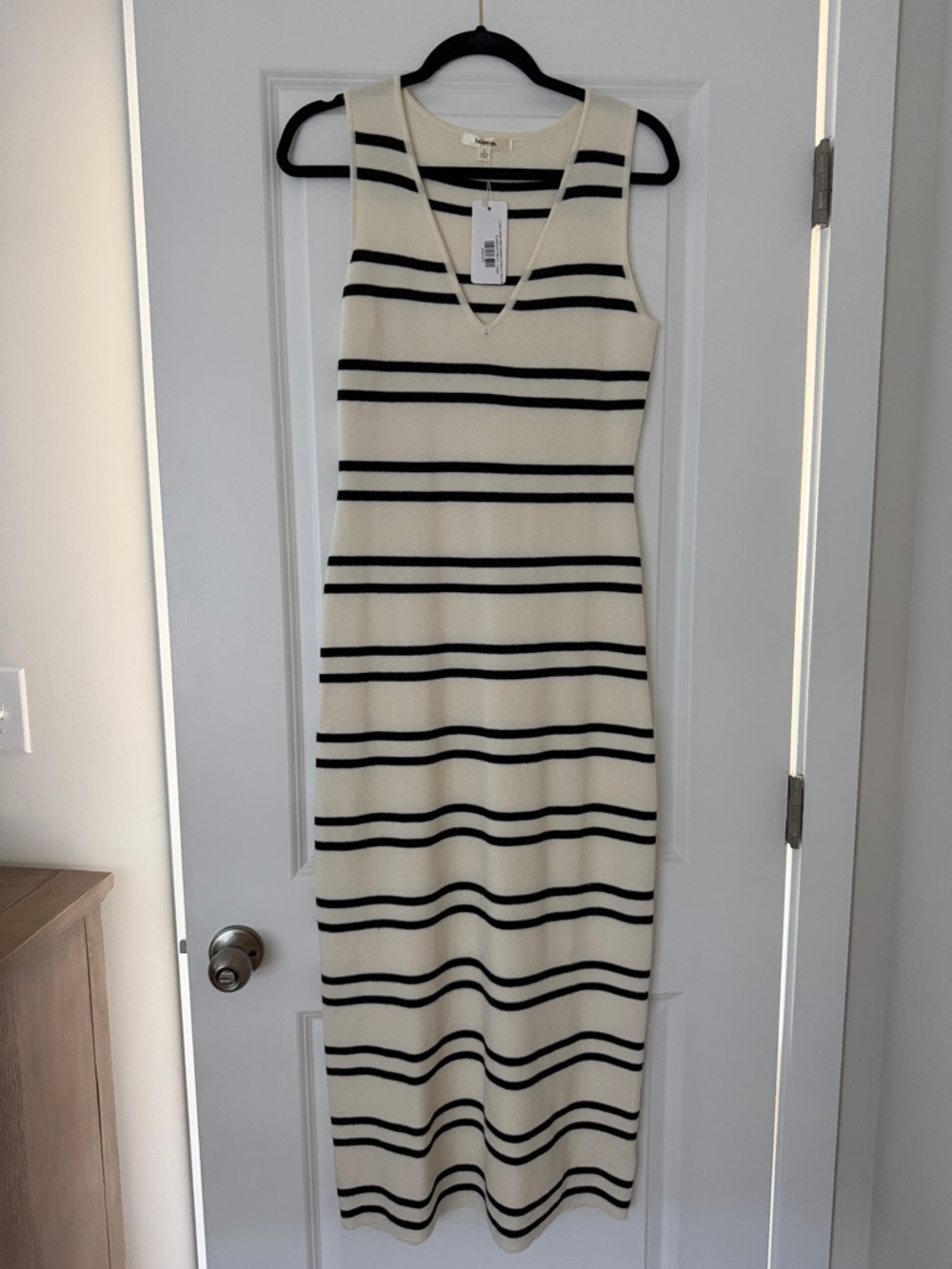 Striped Cream & Black V-Neck Maxi Dress - Elegant Sleeveless Knit